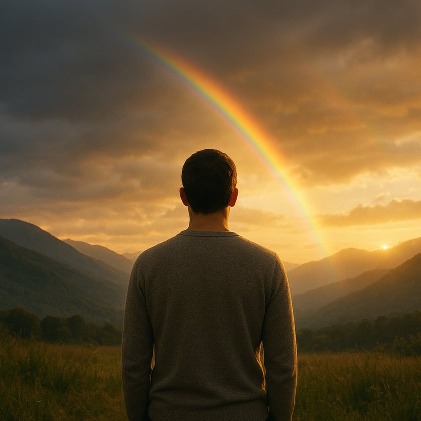 Homem de costas, com suéter cinza, observa um arco-íris sobre montanhas ao entardecer.
