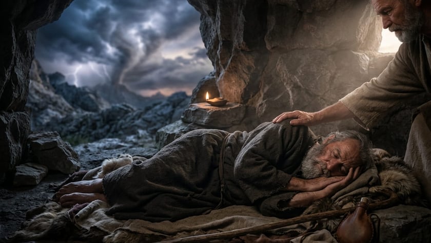 Homem idoso dorme numa caverna enquanto outro homem toca seu ombro.