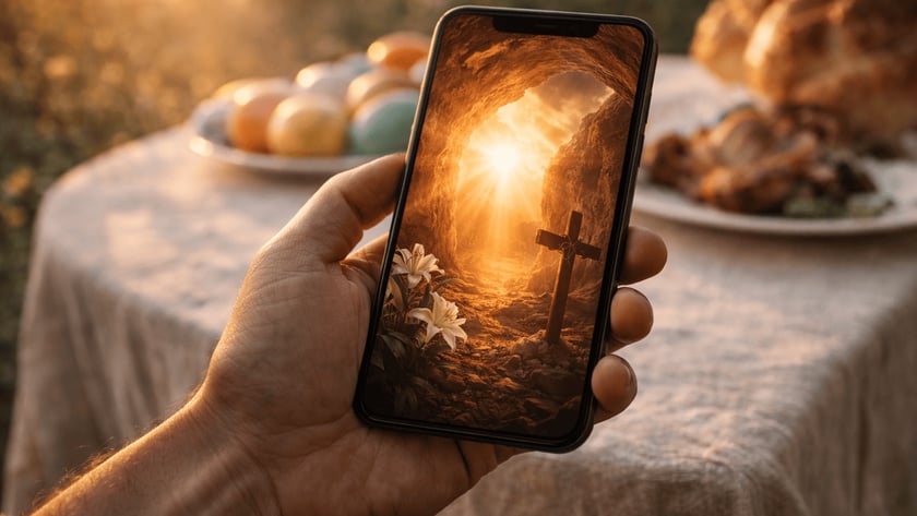 Mão segura celular exibindo caverna com cruz e lírios, diante de mesa com ovos coloridos.