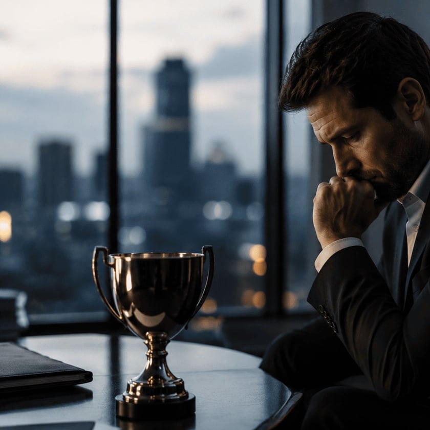 Homem de terno, de cabeça baixa e mão no rosto, ao lado de um troféu.