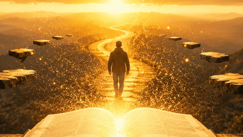 Homem caminha por uma estrada sinuosa que sai de um livro aberto, rumo ao pôr do sol.