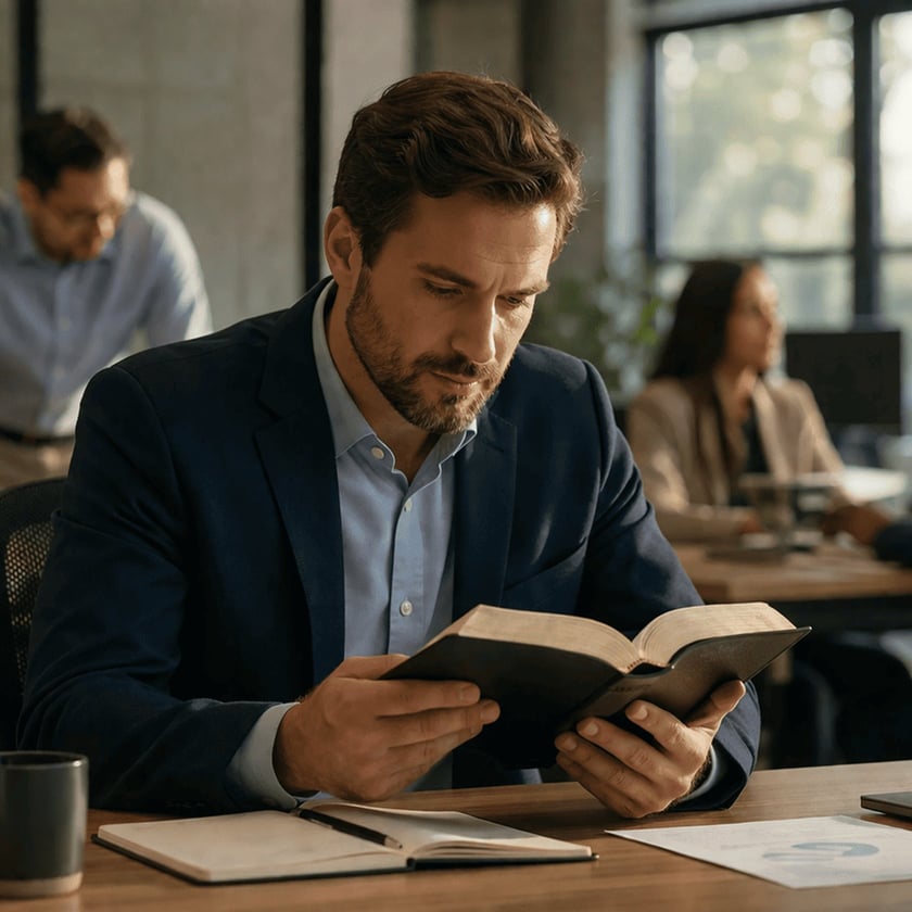 Homem de blazer lê uma Bíblia em uma mesa de escritório, com colegas ao fundo.