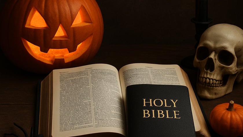Abóbora esculpida acesa, caveira, vela, aranha e Bíblia aberta sobre mesa: "HOLY BIBLE"