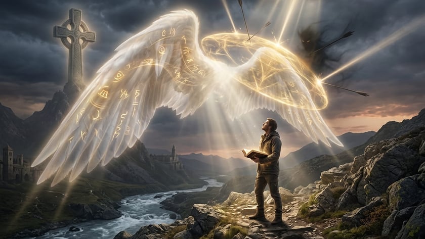 Homem com um livro aberto olha para grandes asas luminosas sobre montanhas e um rio.