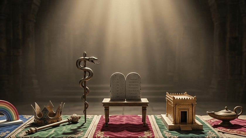 Arco-íris, coroa, cetro, serpente em haste, tábuas da lei