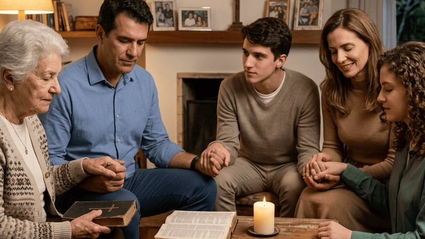 Família de mãos dadas em oração na sala, com Bíblia, vela e cruzes.