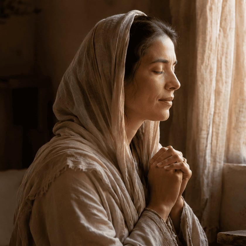 Mulher de manto claro na cabeça, com as mãos unidas e olhos fechados, ao lado de uma janela.