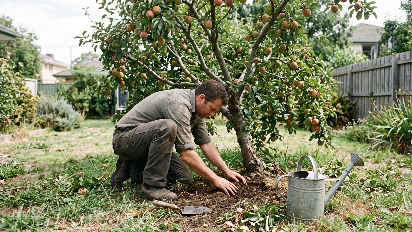 Homem agachado mexe na terra ao pé de uma árvore carregada de frutas no quintal