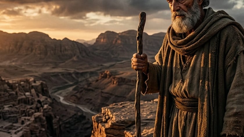 Mão segurando um cajado em penhasco, diante de ruínas escavadas na rocha no deserto ao pôr do sol.