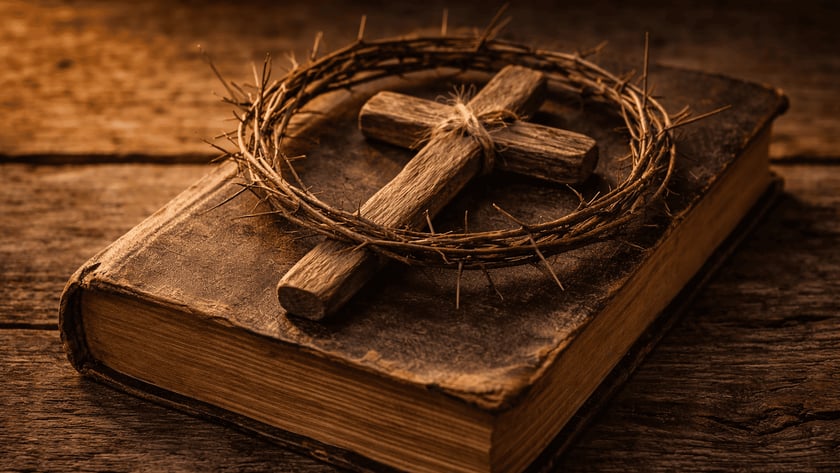 Cruz de madeira e coroa de espinhos sobre um livro antigo de capa de couro.