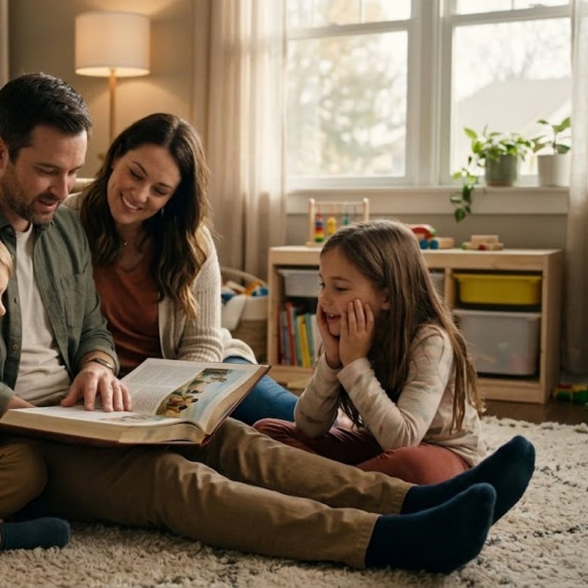 Família sentada no tapete da sala, olhando juntos um livro grande aberto.