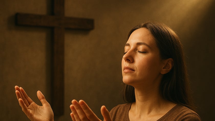Mulher de olhos fechados e mãos abertas diante de uma cruz de madeira na parede.