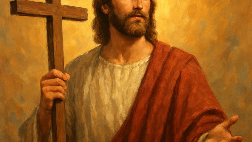 Homem de cabelo comprido e barba segura uma cruz de madeira e estende a mão.