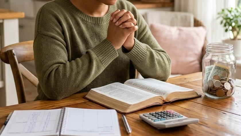 Mulher de olhos fechados e mãos juntas à mesa, com Bíblia, caderno, calculadora e pote de moedas.