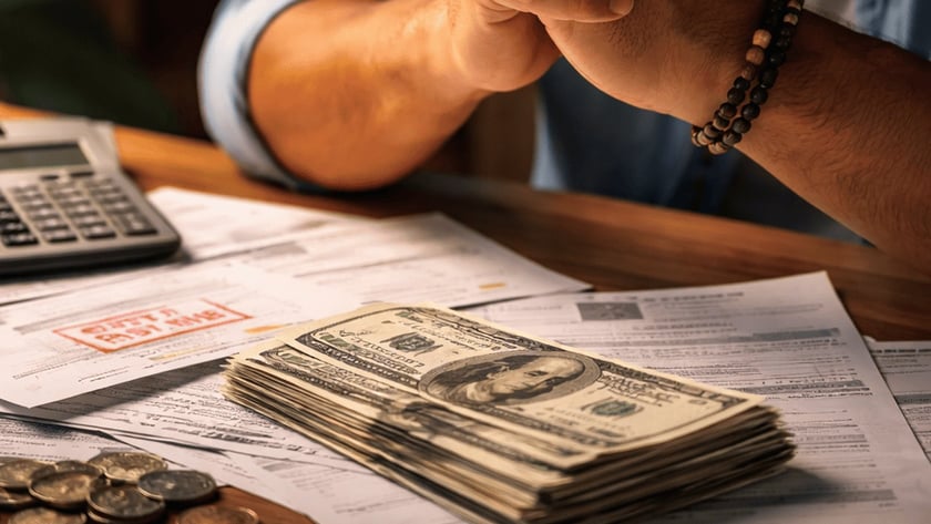 Homem com as mãos unidas no rosto diante de contas, calculadora, notas de dólar e moedas.