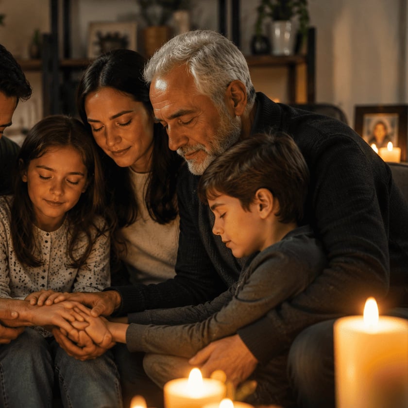 Família de várias gerações sentada junta, de olhos fechados e mãos unidas, cercada por velas acesas.