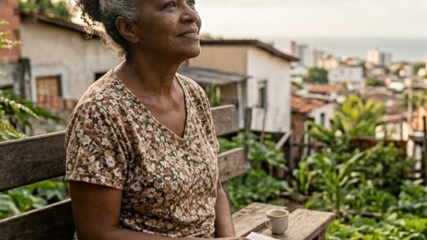 Mulher idosa sentada em banco com uma Bíblia no colo, olhando para o alto