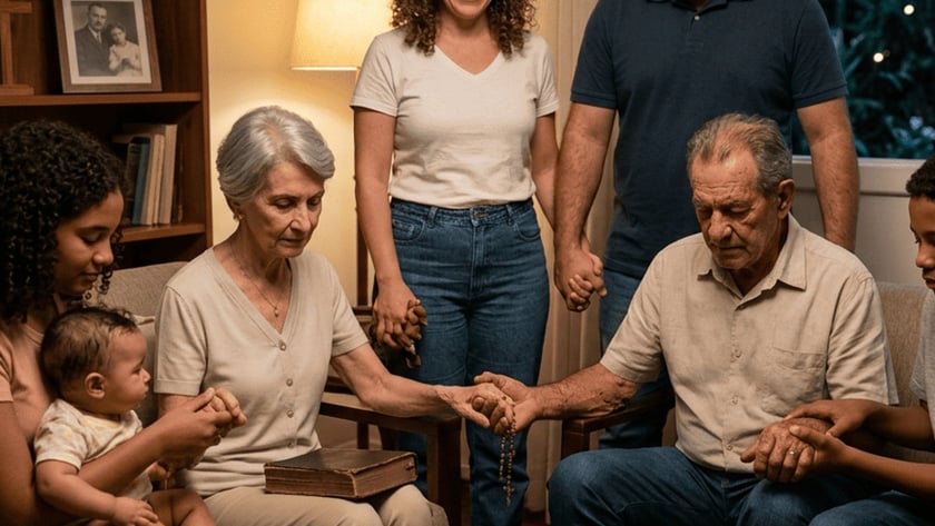 Família de várias gerações de mãos dadas em oração na sala, com vela acesa.