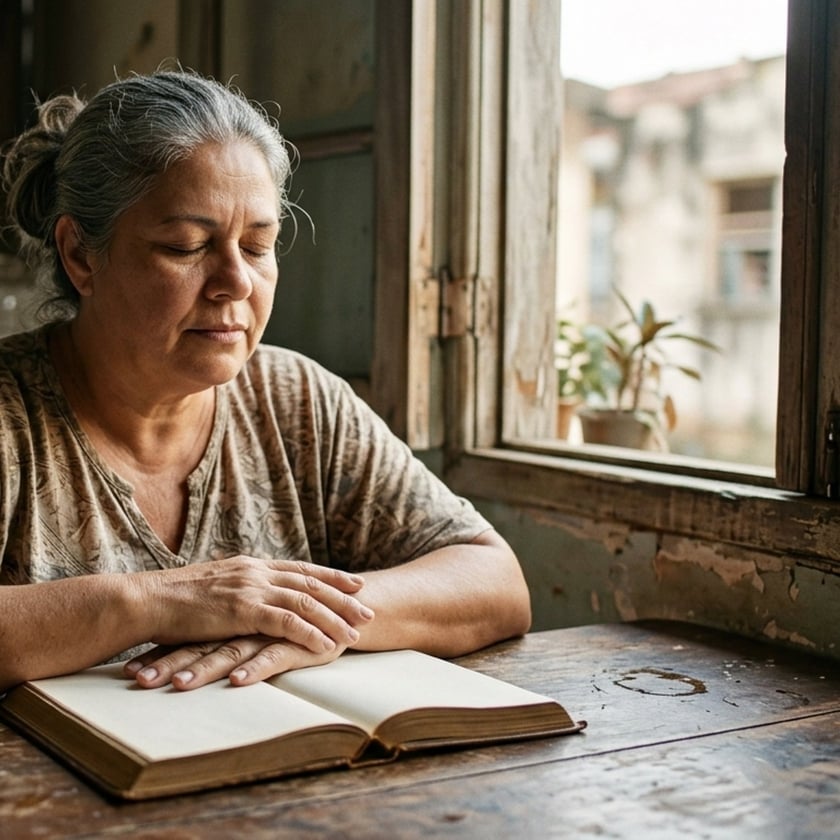 Mulher de cabelos grisalhos, de olhos fechados, com as mãos sobre um livro aberto numa mesa
