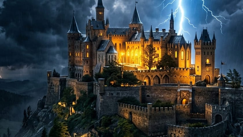 Castelo medieval iluminado no alto de um penhasco durante tempestade com raios.
