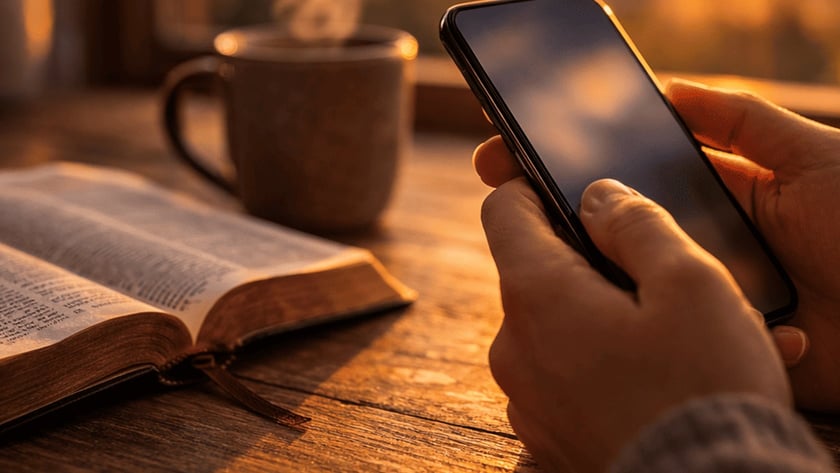Mãos seguram um celular ao lado de uma Bíblia aberta e uma xícara fumegante.