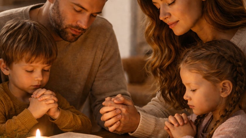 Família de quatro pessoas reza de mãos postas à mesa, com Bíblia aberta e vela.