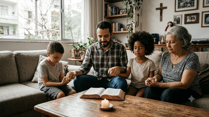 Pai e duas crianças de mãos dadas no sofá, com uma Bíblia aberta na mesa.