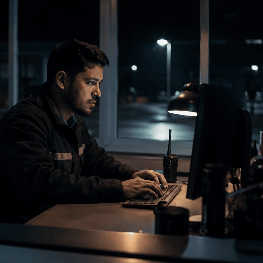 Homem de jaqueta digita no computador, em uma mesa ao lado de um rádio, à noite.