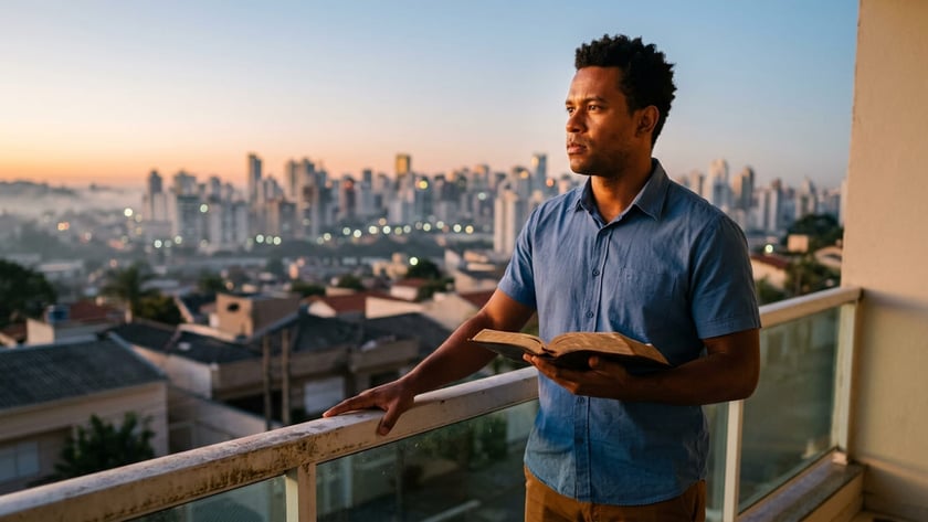 Homem de camisa azul segura um livro aberto em uma varanda, diante de uma cidade.