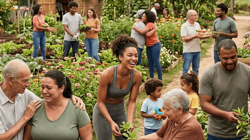 Pessoas de várias idades conversam, se abraçam e cuidam de plantas em uma horta comunitária.