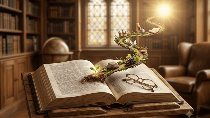 Livro aberto num atril com óculos e um caminho sinuoso com coroas, pomba e uvas.