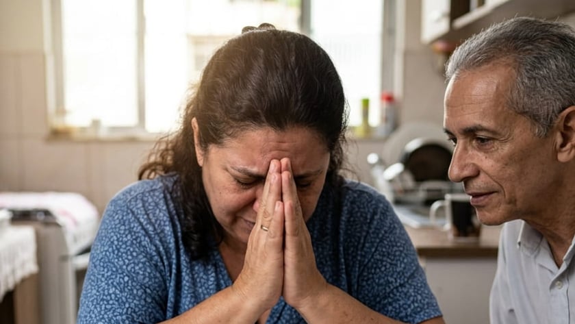 Mulher de mãos postas sobre uma Bíblia, cercada de contas e cartões, com um homem ao lado.