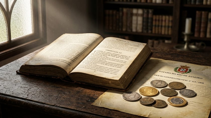 Livro antigo aberto em "Romans 13" sobre mesa de madeira, com uma moeda e um papel.