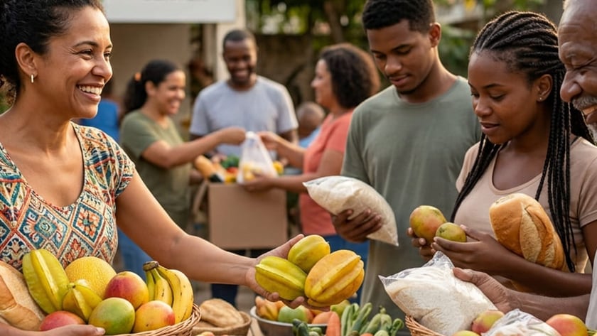 Mulher oferece carambolas a pessoas em distribuição de alimentos diante de "COMMUNITY CENTER".