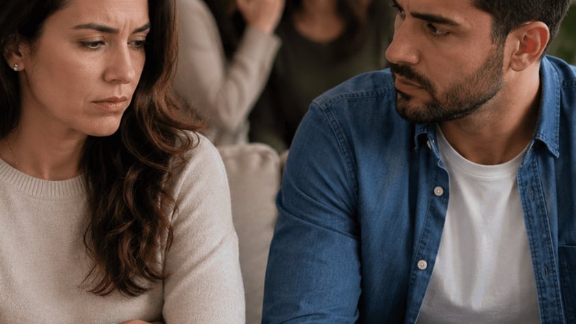 Mulher de braços cruzados e homem a observando num sofá; duas mulheres cochicham ao fundo.