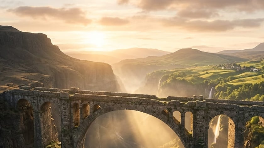 Antiga ponte de pedra com arcos sobre desfiladeiro verde com cachoeiras e rio.