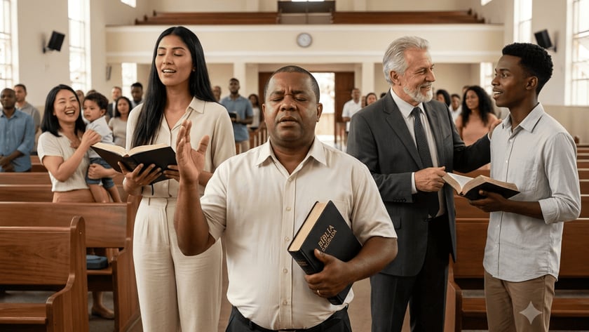 Fiéis em uma igreja cantam e oram segurando Bíblias; um senhor conversa com um jovem.