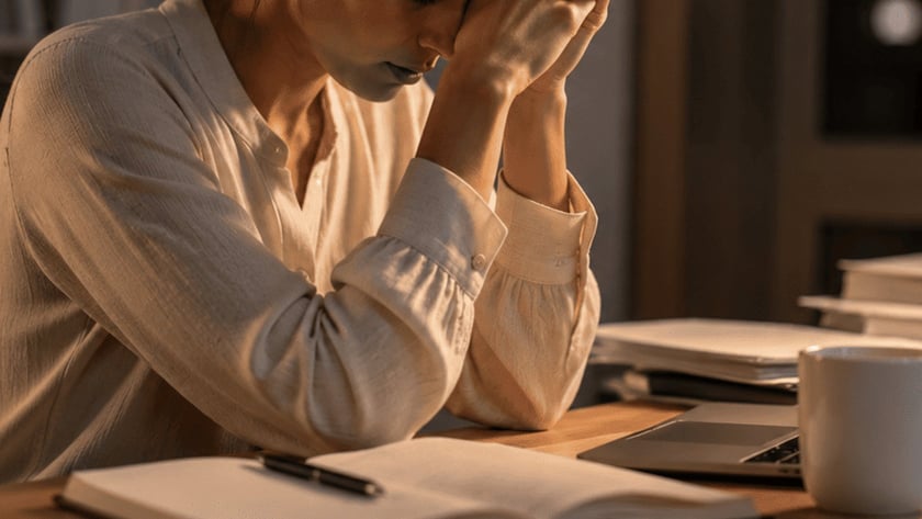 Mulher sentada à mesa, com as mãos unidas na testa, ao lado de notebook e papéis.