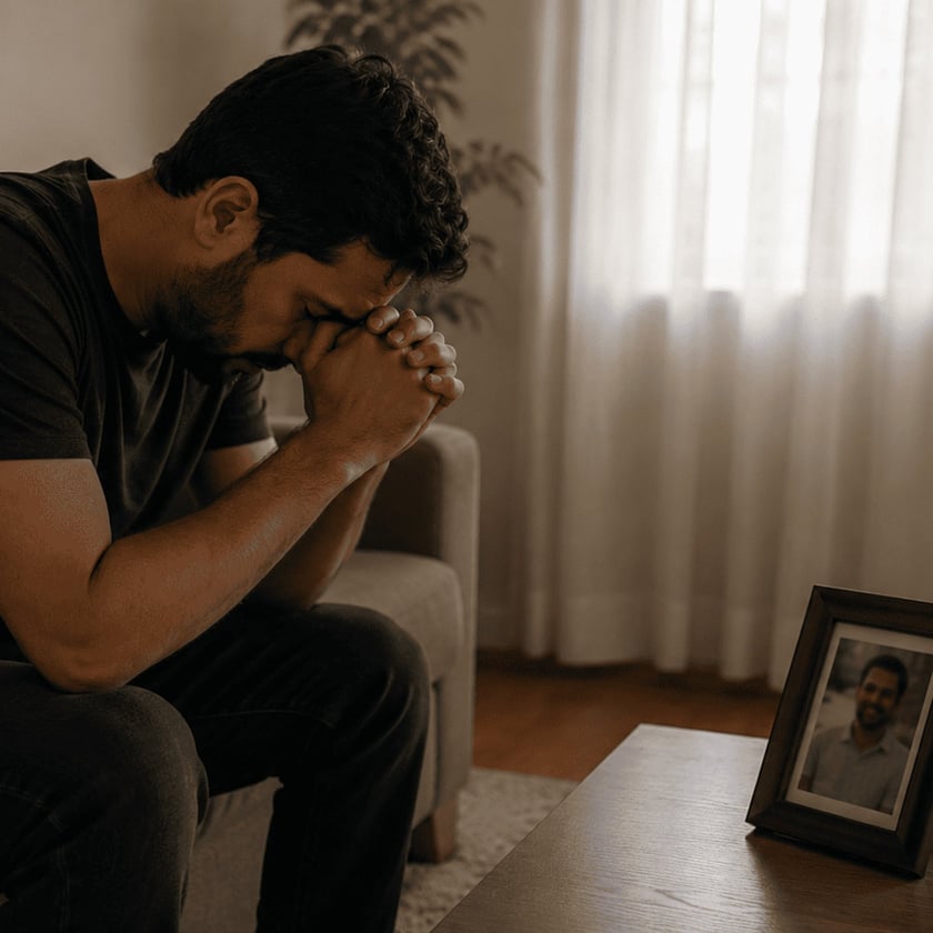 Homem sentado no sofá com as mãos unidas junto ao rosto, diante de um porta-retrato.