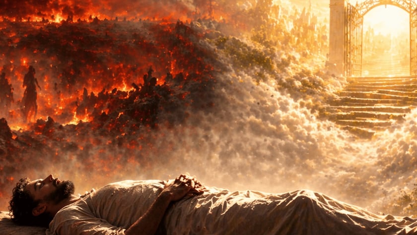 Corpo coberto por lençol sobre pedra, diante de escadaria e portões luminosos entre nuvens e chamas.