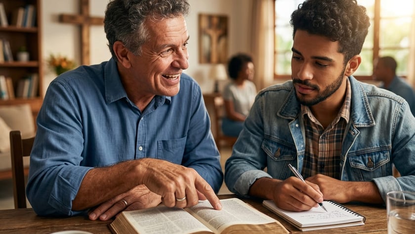 Dois homens à mesa; o mais velho aponta uma Bíblia aberta e o jovem anota.