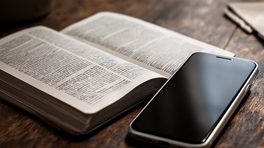 Livro aberto e celular de tela apagada lado a lado sobre mesa de madeira rústica.