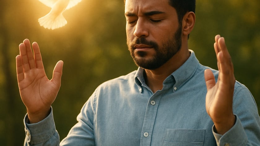 Homem de barba, olhos fechados e mãos erguidas, ao ar livre, com uma pomba brilhante ao lado.