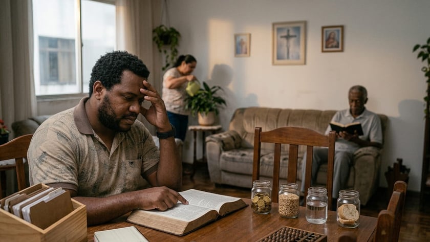 Homem sentado à mesa lê a Bíblia, com moedas e potes, enquanto mulher rega plantas.