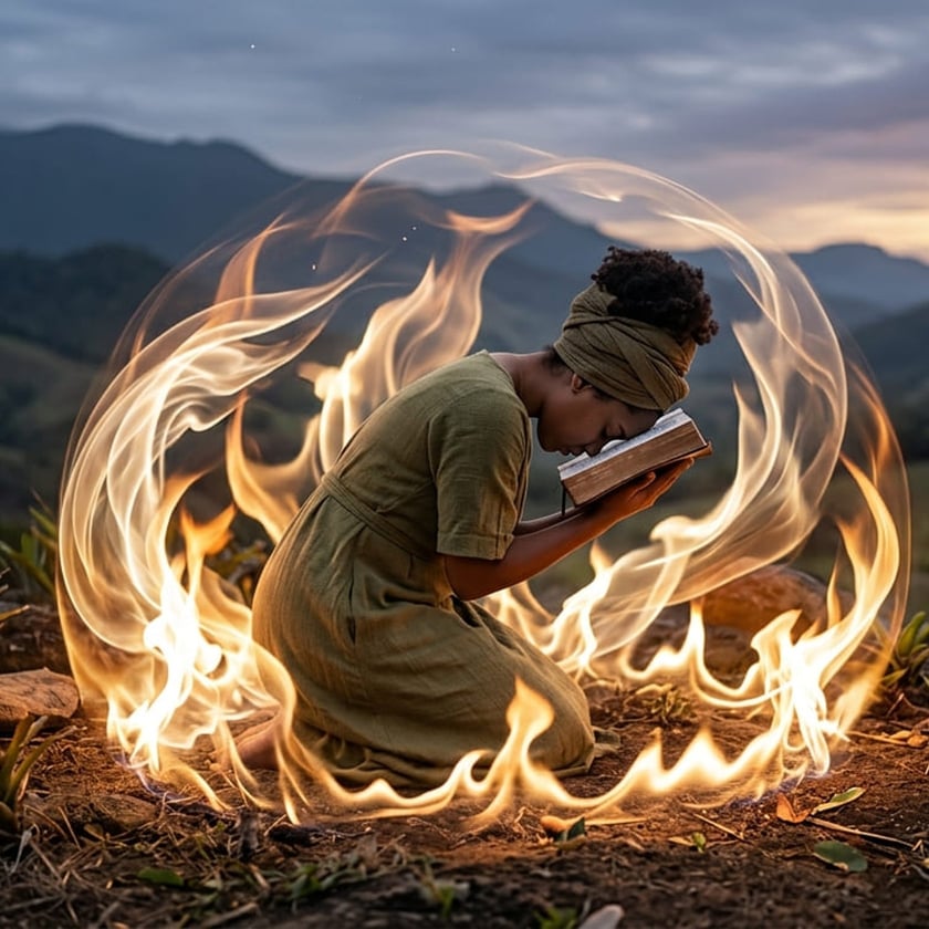 Mulher ajoelhada com a testa apoiada em um livro, cercada por chamas, em um morro.