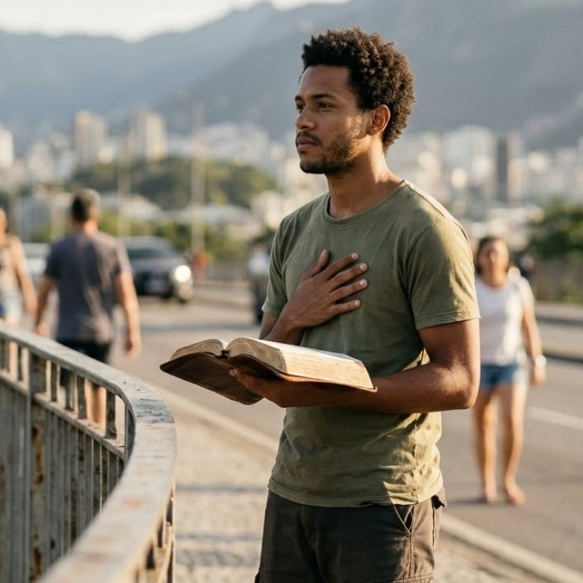 Homem de camiseta verde segura uma Bíblia aberta e põe a mão no peito, numa ponte.