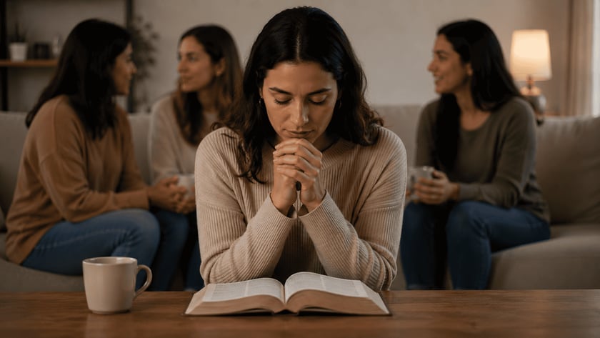 Mulher de olhos fechados e mãos juntas diante de uma Bíblia aberta, com duas mulheres ao fundo.