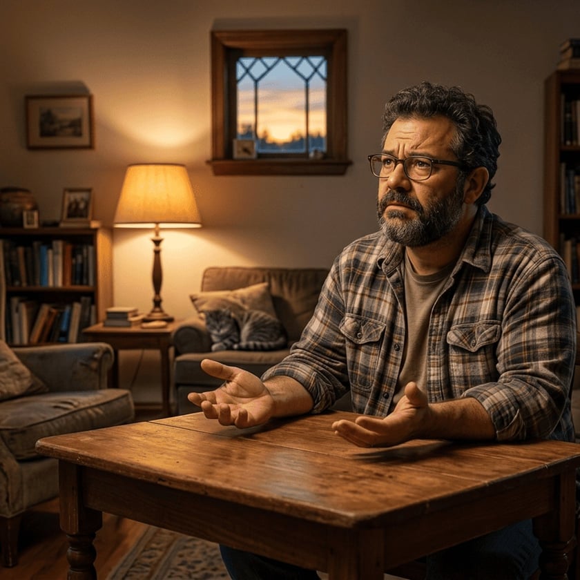 Homem barbudo de óculos e camisa xadrez gesticula sentado à mesa de madeira na sala.