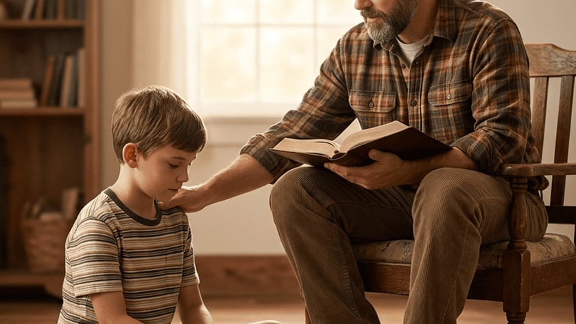 Homem barbudo sentado com livro aberto toca o ombro de um menino sentado no chão.