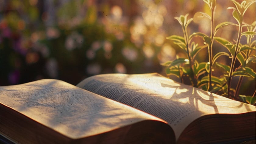 Livro aberto sobre uma mesa ao ar livre, com uma planta verde ao lado.